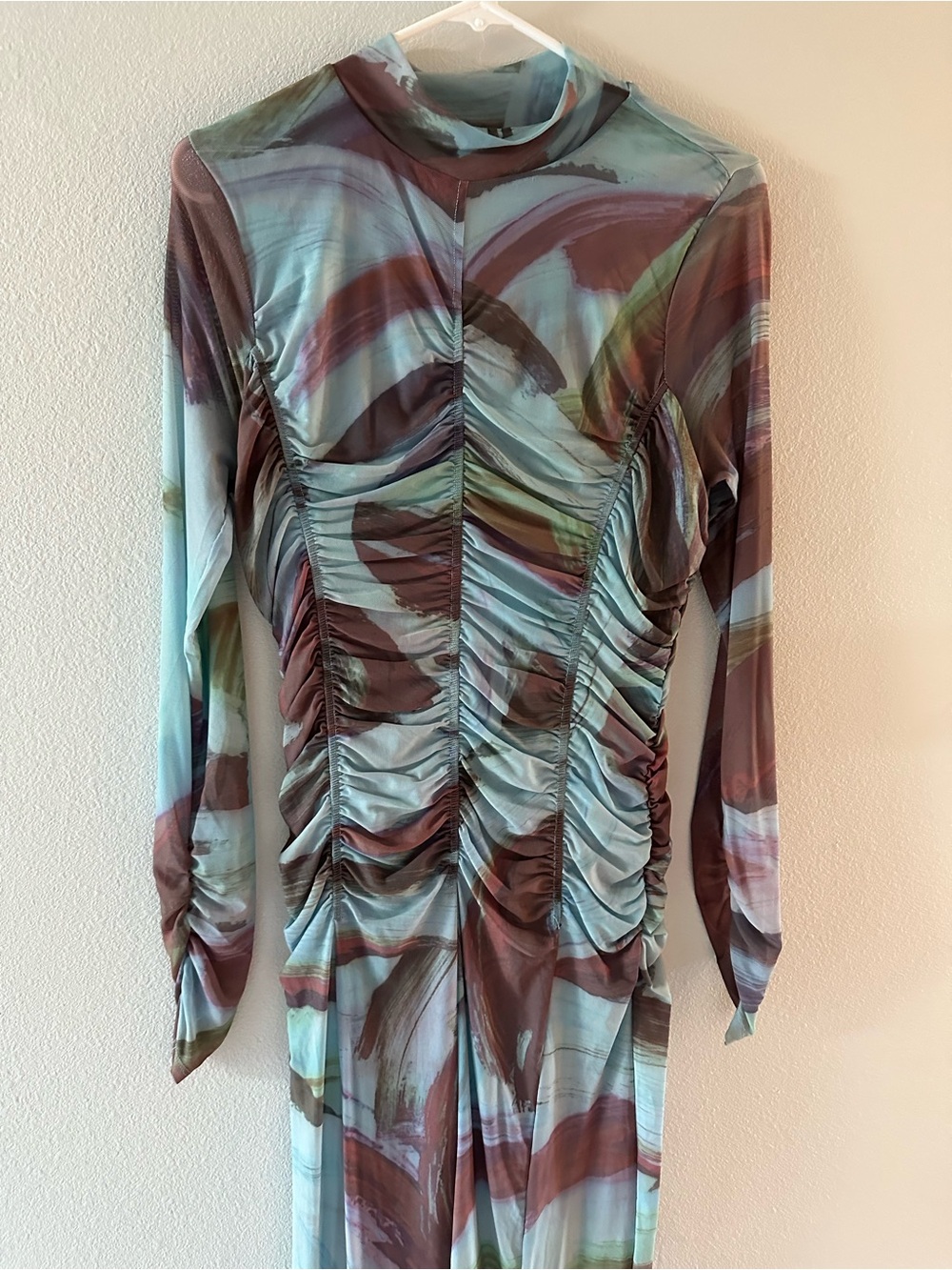 Abstract Anthro Rusched midi long sleeve mock neck dress